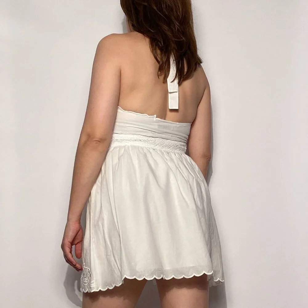 Zara Crisp White Victorian Embroidered Mini Halter Dress -- L - Picture 6 of 7